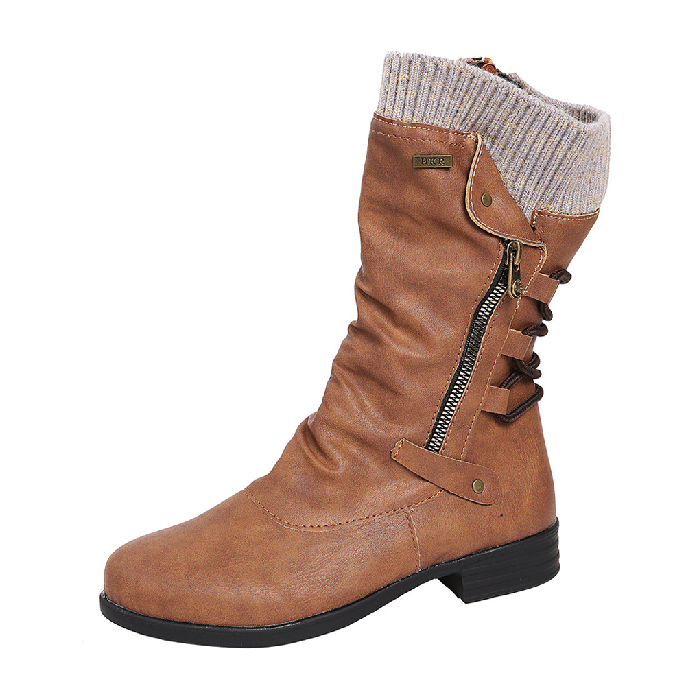 Glückbox™ Fashion Round Toe Wool Edge Damen Lederstiefel