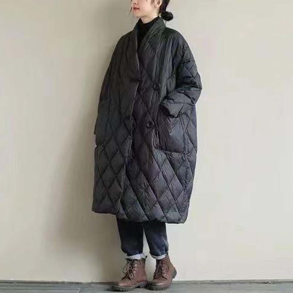 Damska, luźna, artystyczna stójka, jednokolorowa, pikowana, cienka, ciepła kurtka puchowa o średniej długości