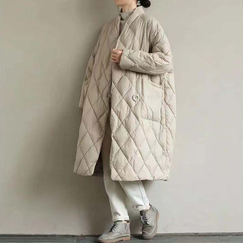 Damska, luźna, artystyczna stójka, jednokolorowa, pikowana, cienka, ciepła kurtka puchowa o średniej długości