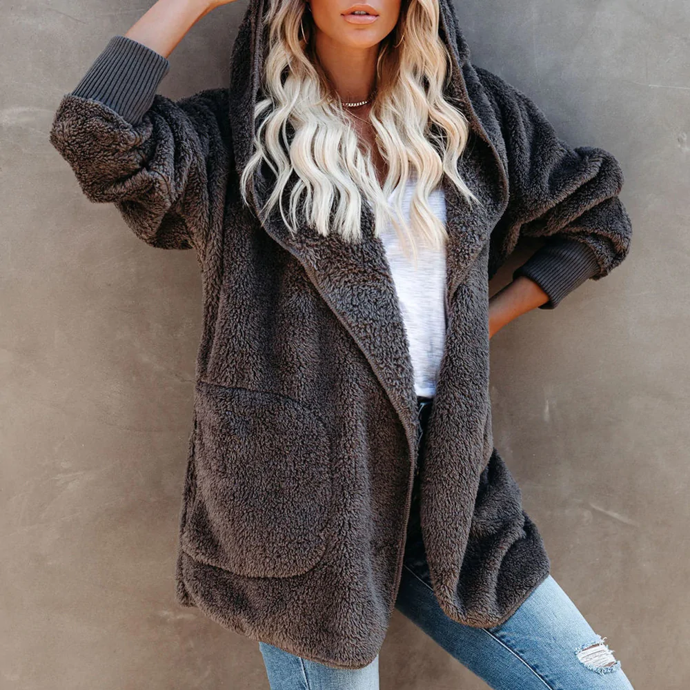 Lodowylabedz Jesienno-zimowy damski płaszcz z kapturem w jednolitym kolorze