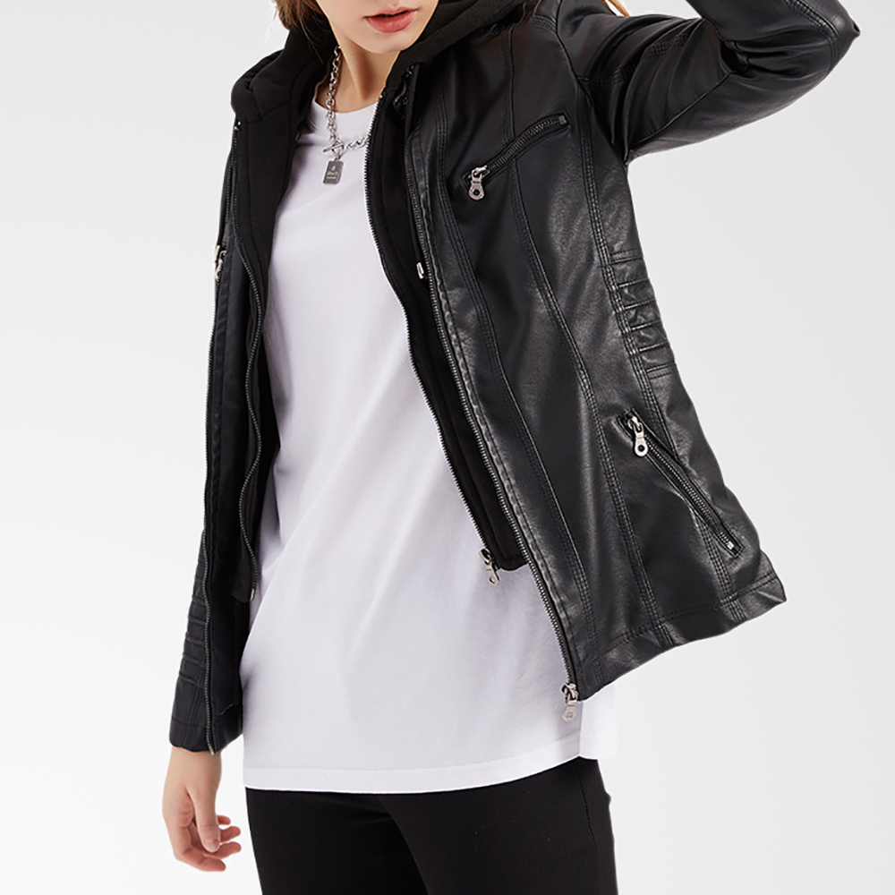 Lodowylabedz Modna damska odpinana dwuczęściowa skórzana kurtka z kapturem