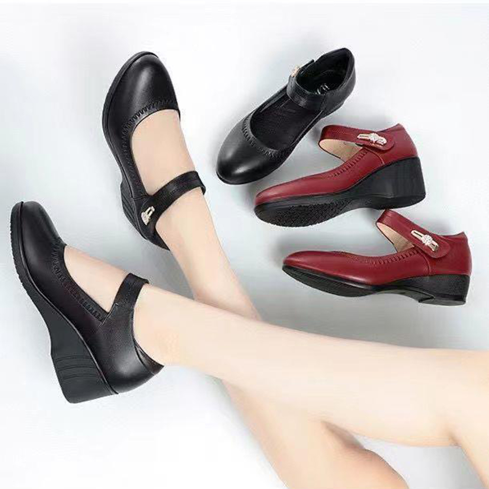 Shobous Genuine Leather Soft-soled Slope Heel Shoes