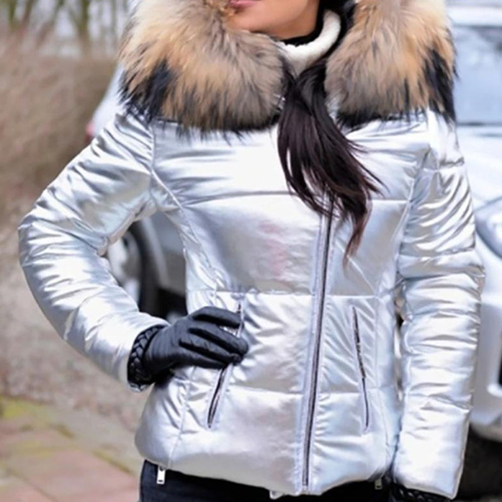 Lodowylabedz Nowa, jesienno-zimowa, krótka damska kurtka puchowa z kapturem i jasną skórą