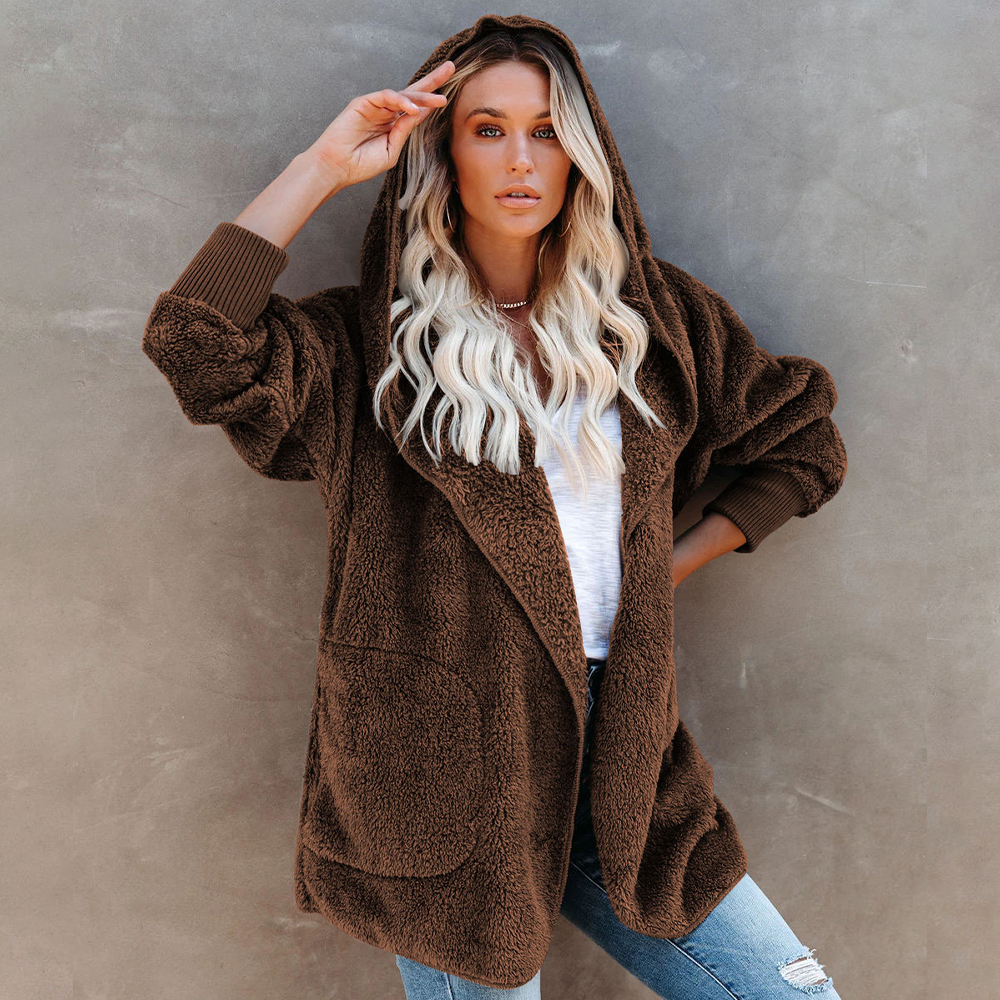 Lodowylabedz Jesienno-zimowy damski płaszcz z kapturem w jednolitym kolorze