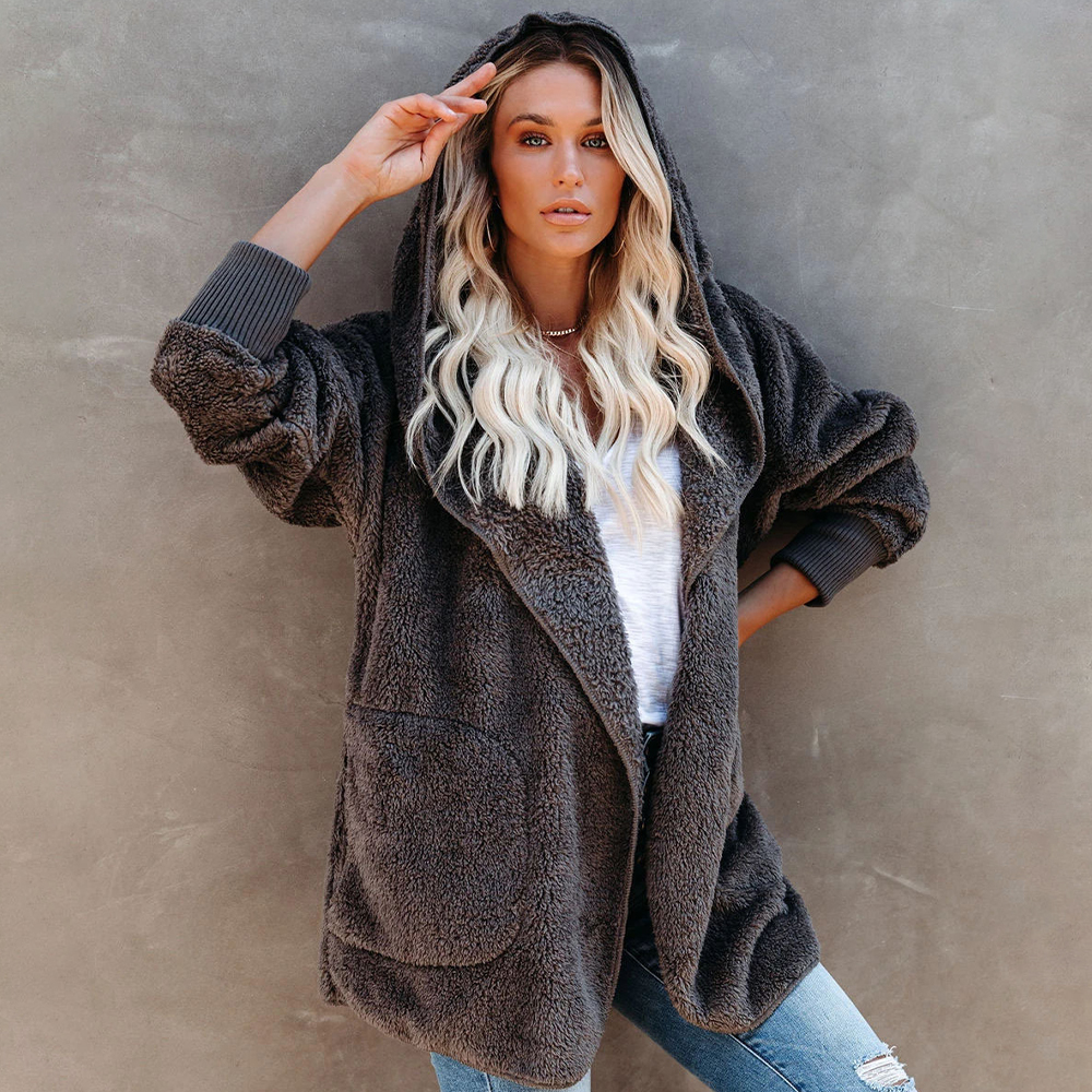 Lodowylabedz Jesienno-zimowy damski płaszcz z kapturem w jednolitym kolorze