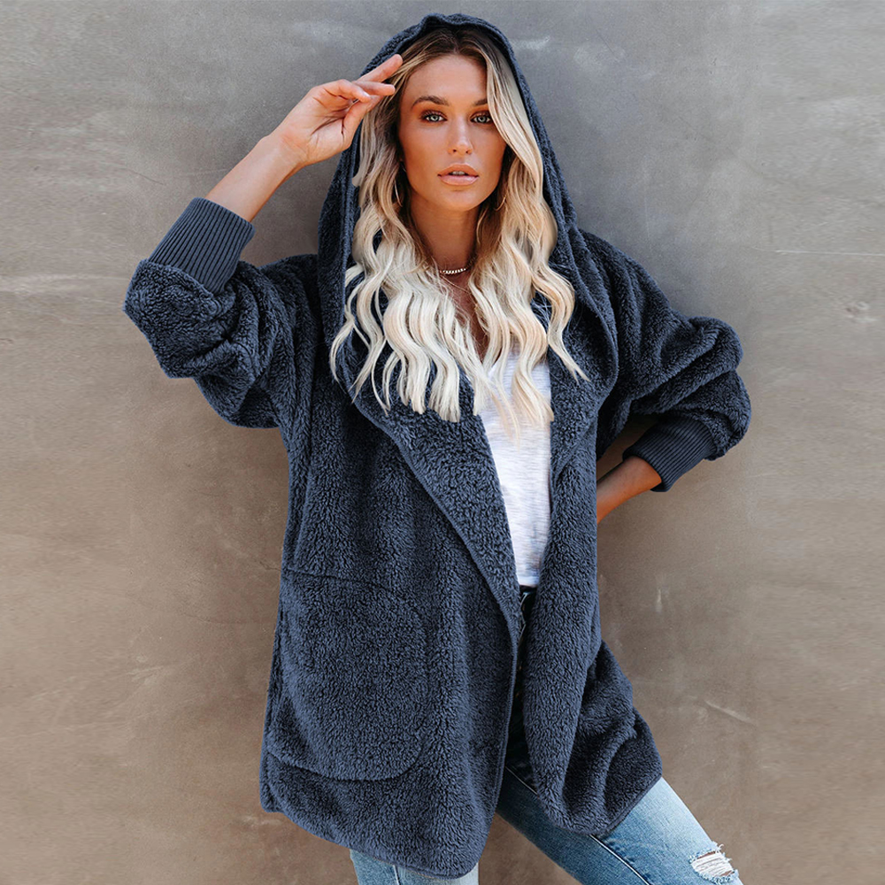 Lodowylabedz Jesienno-zimowy damski płaszcz z kapturem w jednolitym kolorze