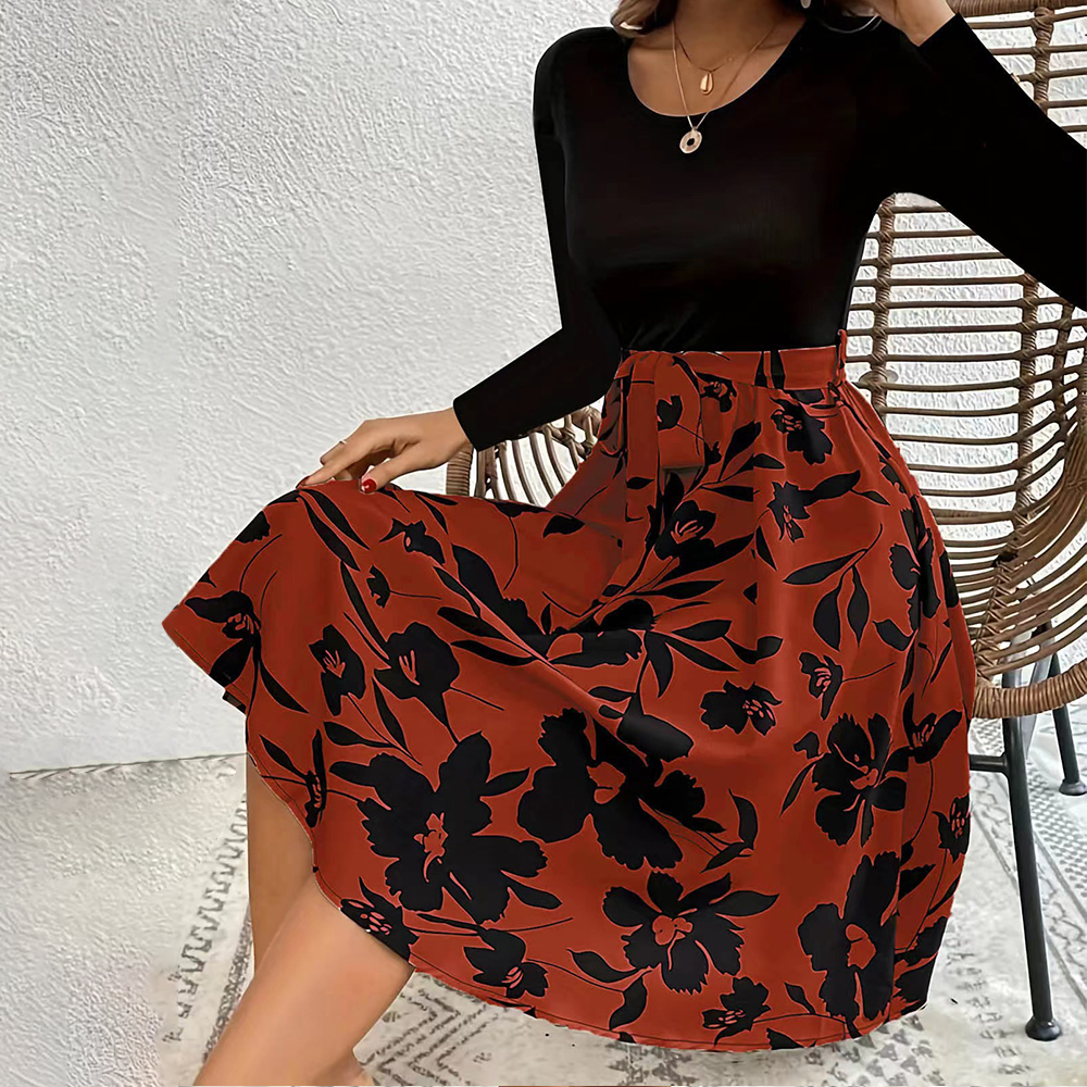 Lodowylabedz Nowa jesienno-zimowa spódnica z nadrukiem i okrągłym dekoltem