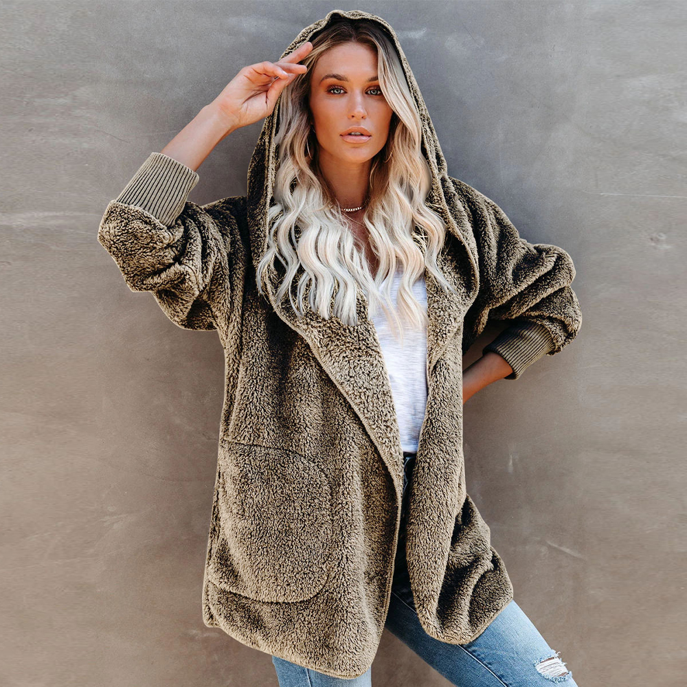 Lodowylabedz Jesienno-zimowy damski płaszcz z kapturem w jednolitym kolorze