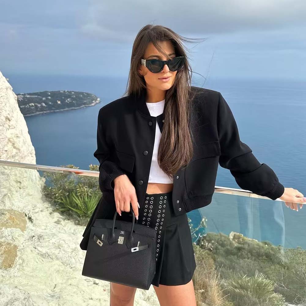 Lodowylabedz Nowa damska krótka kurtka ze stójką i kieszenią na guziki