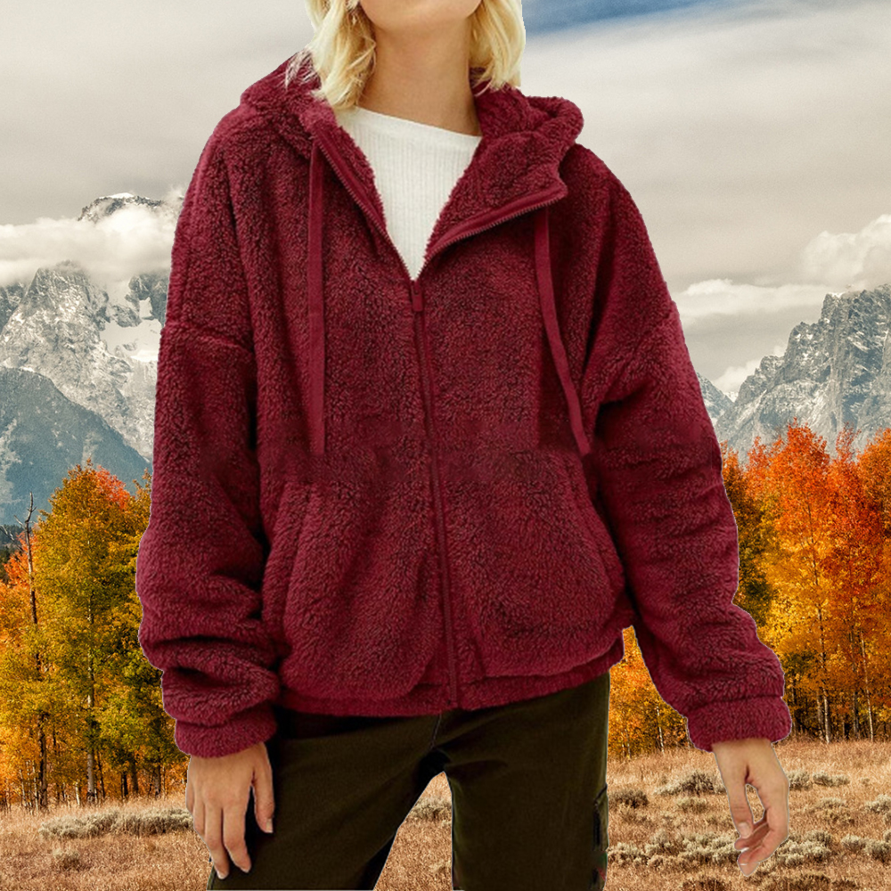 Lodowylabedz Jesienna i zimowa damska nowa luźna pluszowa kurtka z kapturem i zamkiem błyskawicznym