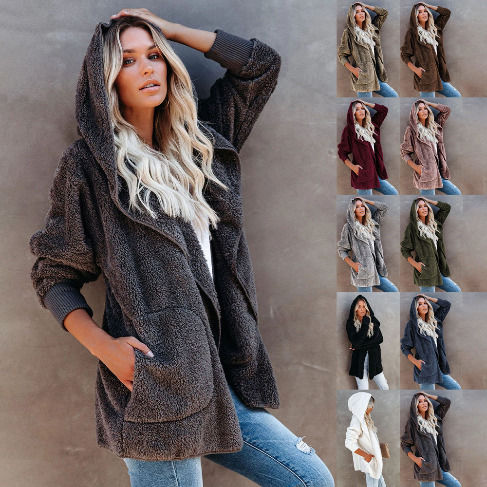 Lodowylabedz Jesienno-zimowy damski płaszcz z kapturem w jednolitym kolorze