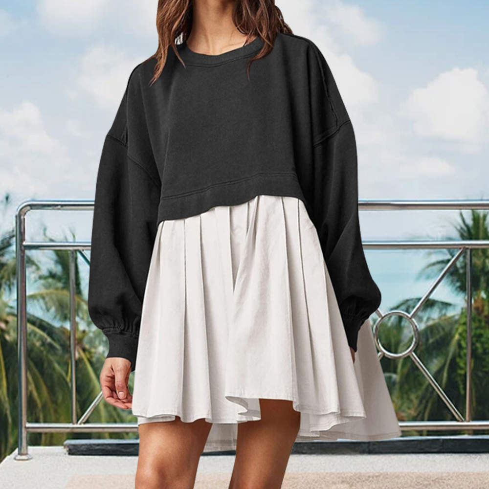 Lodowylabedz Damska wiosenno-jesienna wygodna luźna plisowana sukienka dresowa z wysokim stanem