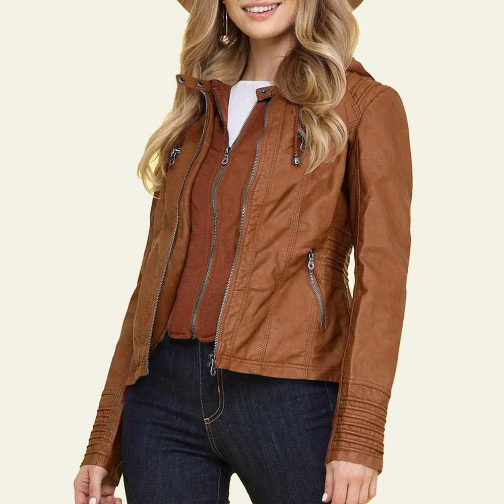 Lodowylabedz Modna damska odpinana dwuczęściowa skórzana kurtka z kapturem