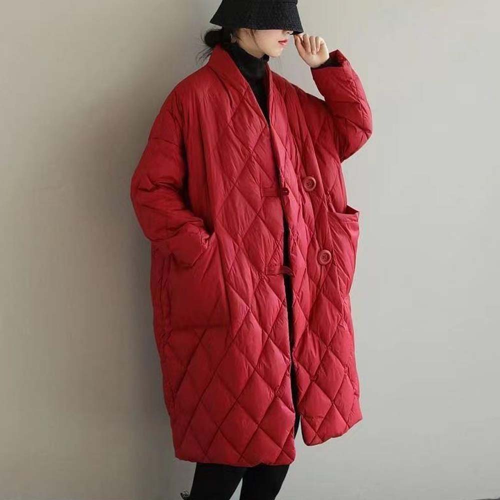 Damska, luźna, artystyczna stójka, jednokolorowa, pikowana, cienka, ciepła kurtka puchowa o średniej długości