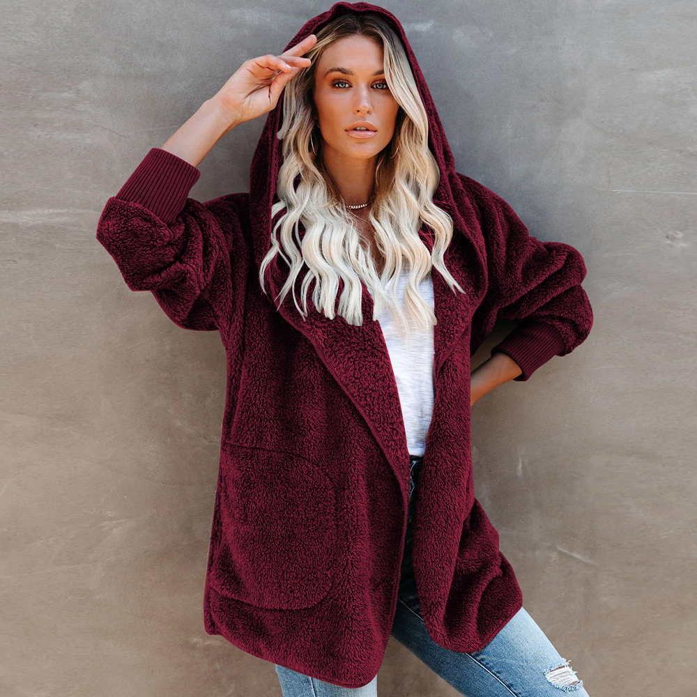 Lodowylabedz Jesienno-zimowy damski płaszcz z kapturem w jednolitym kolorze