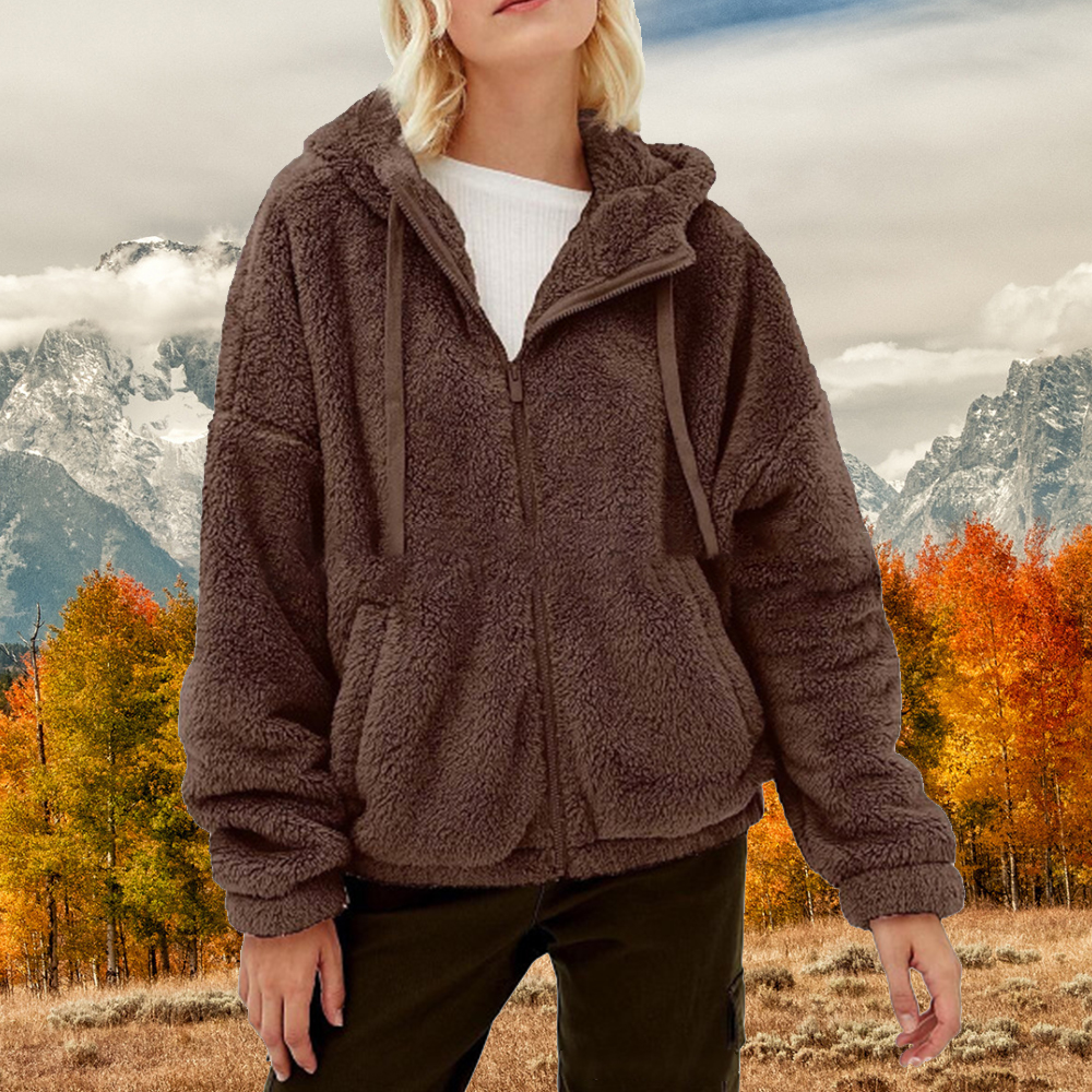 Lodowylabedz Jesienna i zimowa damska nowa luźna pluszowa kurtka z kapturem i zamkiem błyskawicznym