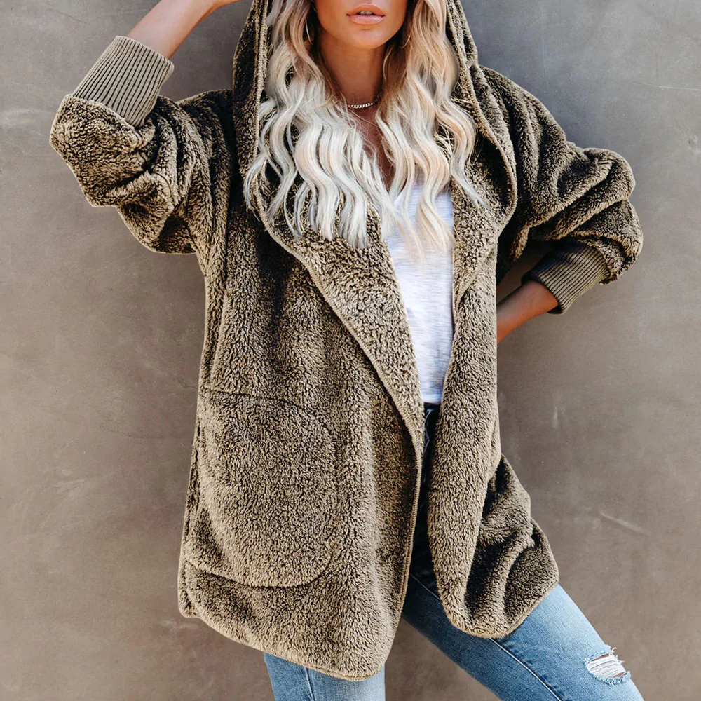 Lodowylabedz Jesienno-zimowy damski płaszcz z kapturem w jednolitym kolorze