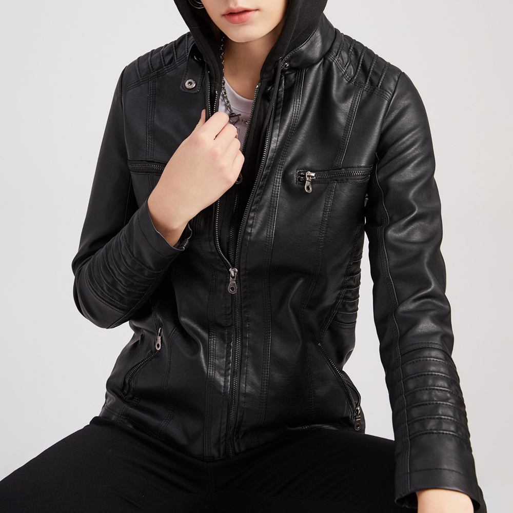 Lodowylabedz Modna damska odpinana dwuczęściowa skórzana kurtka z kapturem