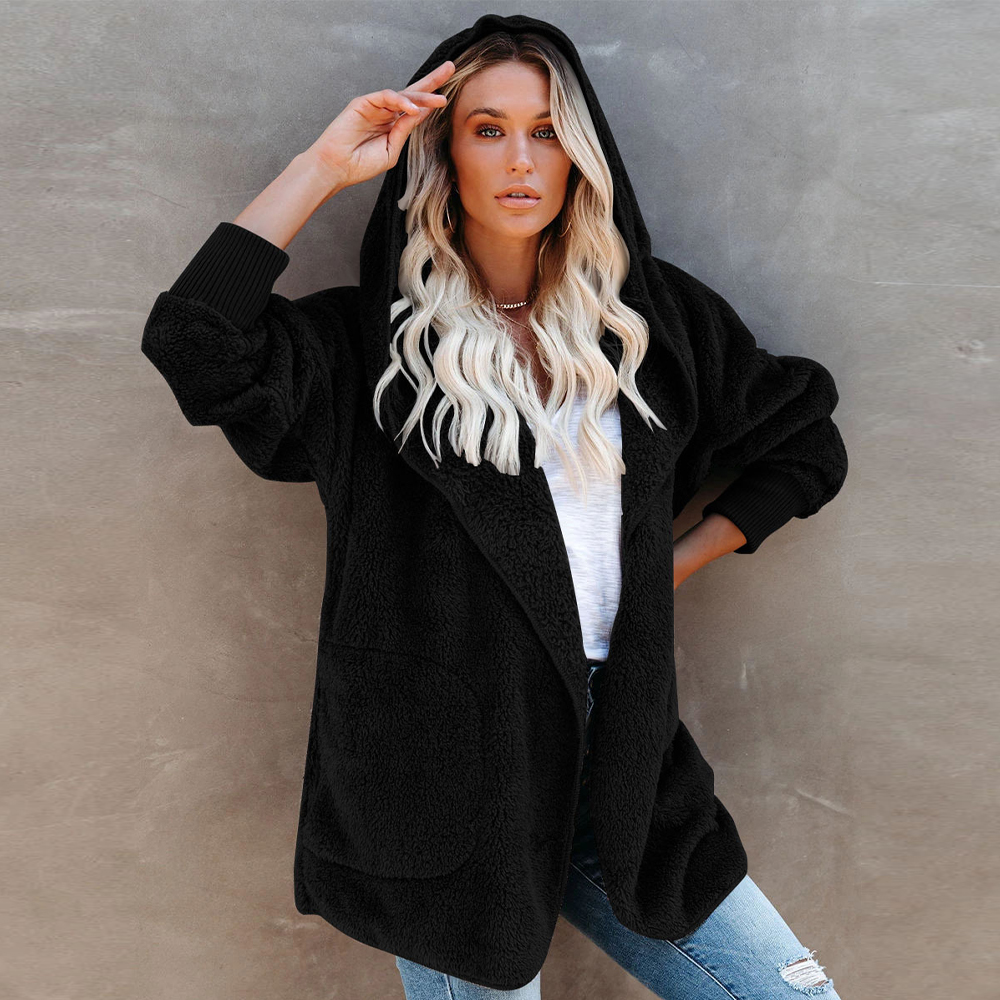 Lodowylabedz Jesienno-zimowy damski płaszcz z kapturem w jednolitym kolorze