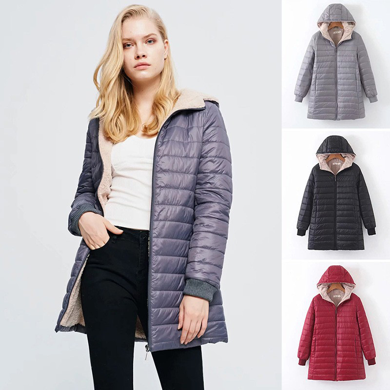 Women's lambswool mid-length hooded cotton jacket