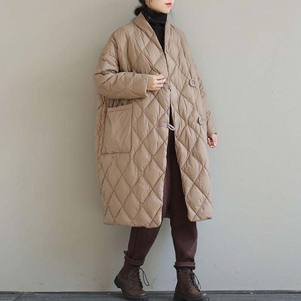 Damska, luźna, artystyczna stójka, jednokolorowa, pikowana, cienka, ciepła kurtka puchowa o średniej długości