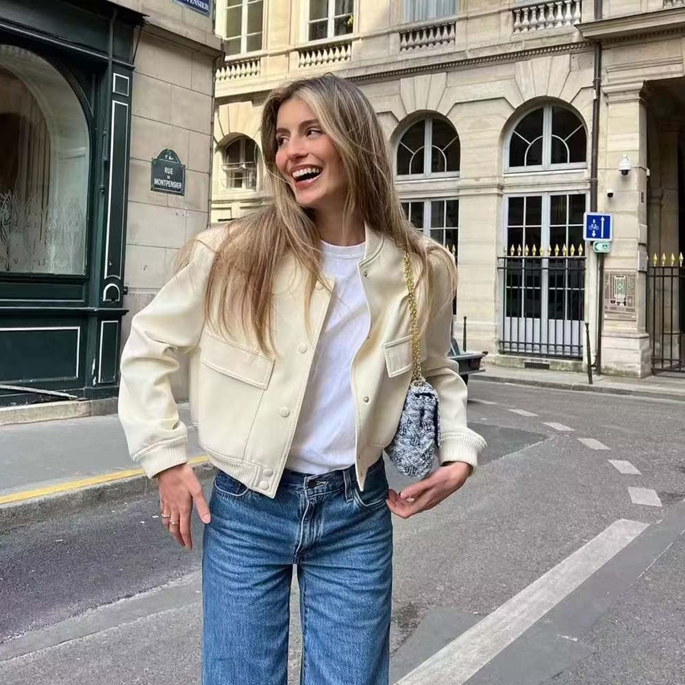 Lodowylabedz Nowa damska krótka kurtka ze stójką i kieszenią na guziki