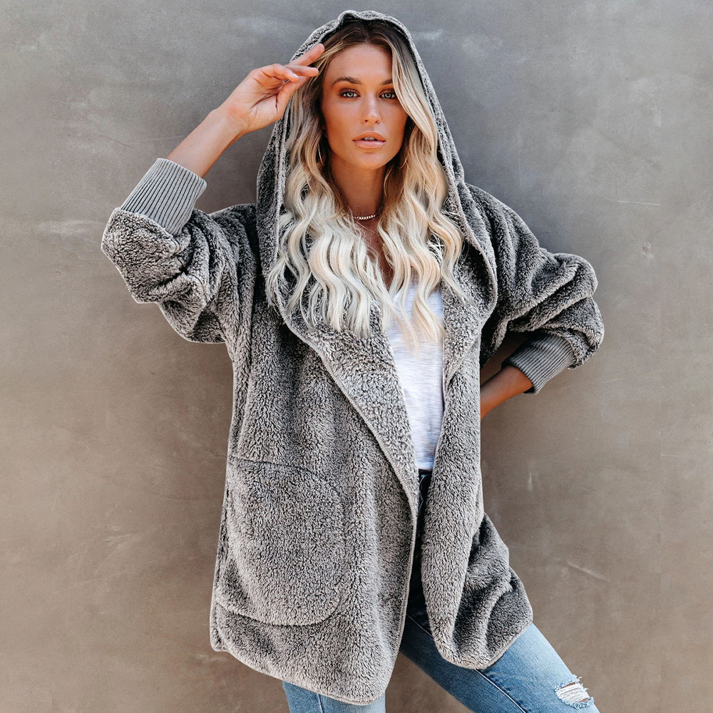 Lodowylabedz Jesienno-zimowy damski płaszcz z kapturem w jednolitym kolorze