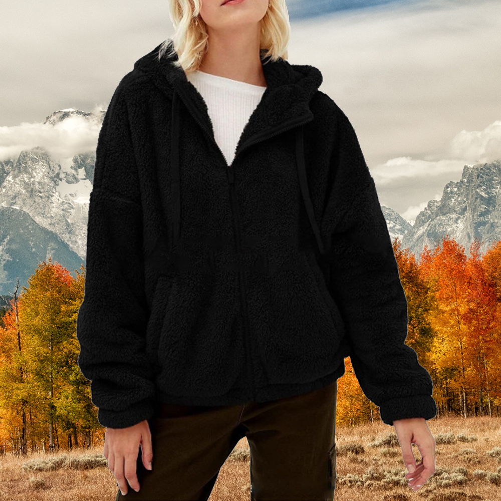 Lodowylabedz Jesienna i zimowa damska nowa luźna pluszowa kurtka z kapturem i zamkiem błyskawicznym