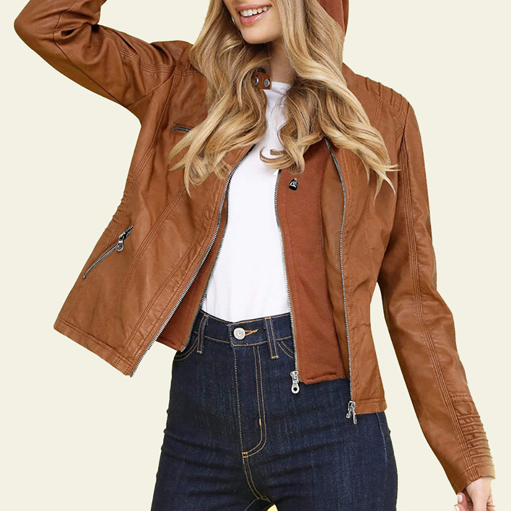 Lodowylabedz Modna damska odpinana dwuczęściowa skórzana kurtka z kapturem