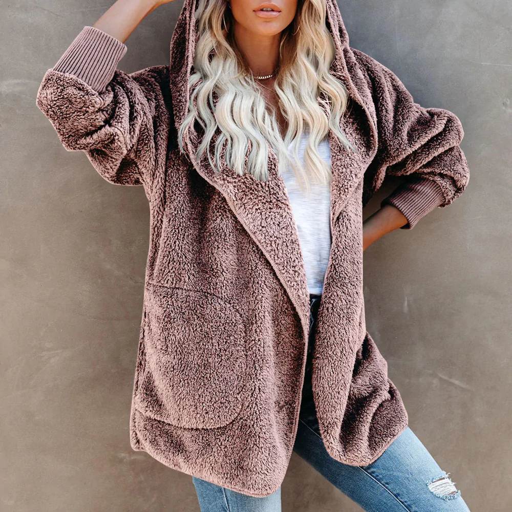 Lodowylabedz Jesienno-zimowy damski płaszcz z kapturem w jednolitym kolorze