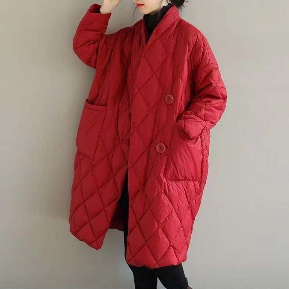 Damska, luźna, artystyczna stójka, jednokolorowa, pikowana, cienka, ciepła kurtka puchowa o średniej długości