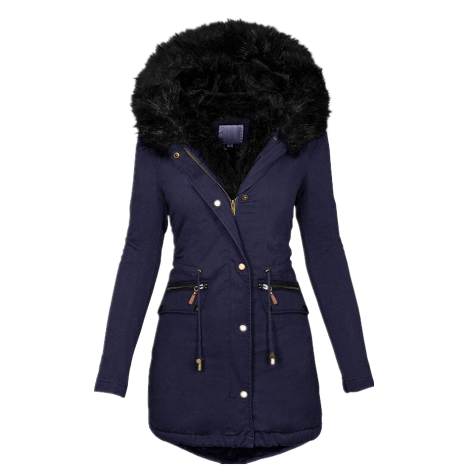 Lodowylabedz Nowy damski, wąski, średniej długości, ciepły, bawełniany płaszcz z kapturem i zamkiem błyskawicznym