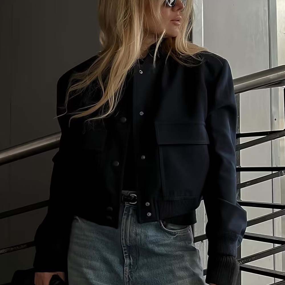 Lodowylabedz Nowa damska krótka kurtka ze stójką i kieszenią na guziki