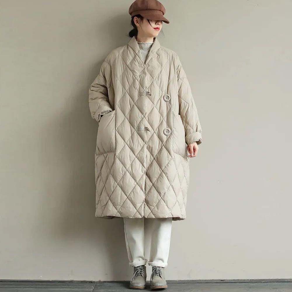 Damska, luźna, artystyczna stójka, jednokolorowa, pikowana, cienka, ciepła kurtka puchowa o średniej długości