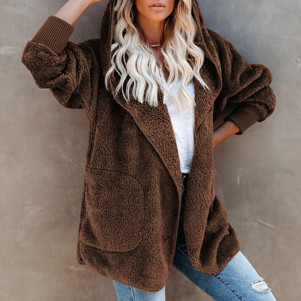 Lodowylabedz Jesienno-zimowy damski płaszcz z kapturem w jednolitym kolorze