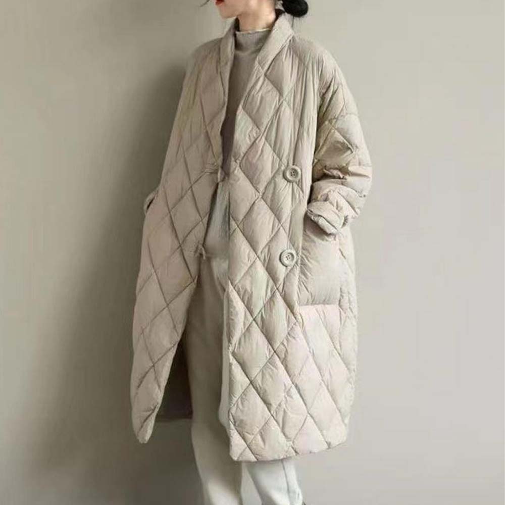 Damska, luźna, artystyczna stójka, jednokolorowa, pikowana, cienka, ciepła kurtka puchowa o średniej długości