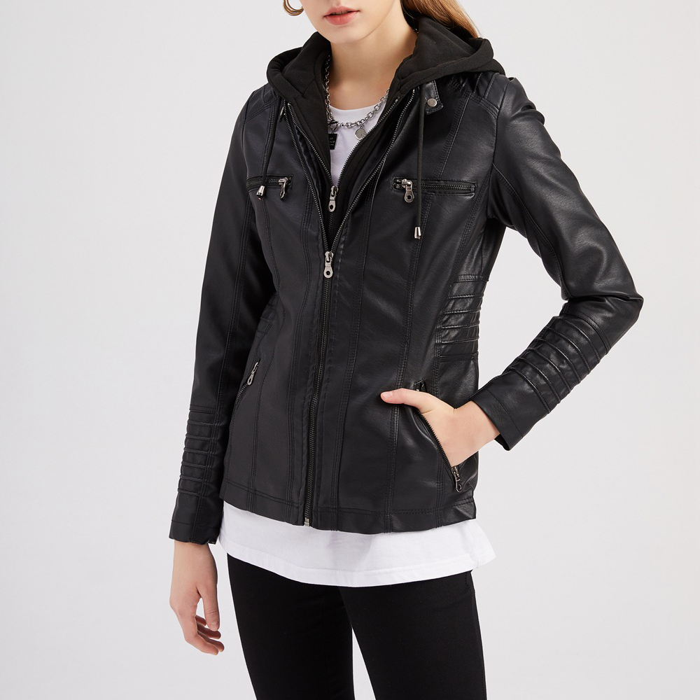 Lodowylabedz Modna damska odpinana dwuczęściowa skórzana kurtka z kapturem