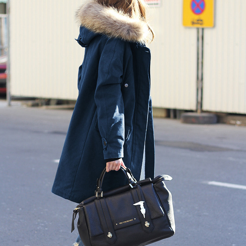 Lodowylabedz Ciepła kurtka wiatrówka damska z kapturem i futrzanym kołnierzem w nowym stylu