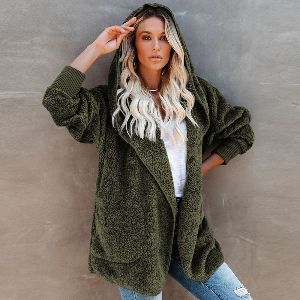 Lodowylabedz Jesienno-zimowy damski płaszcz z kapturem w jednolitym kolorze