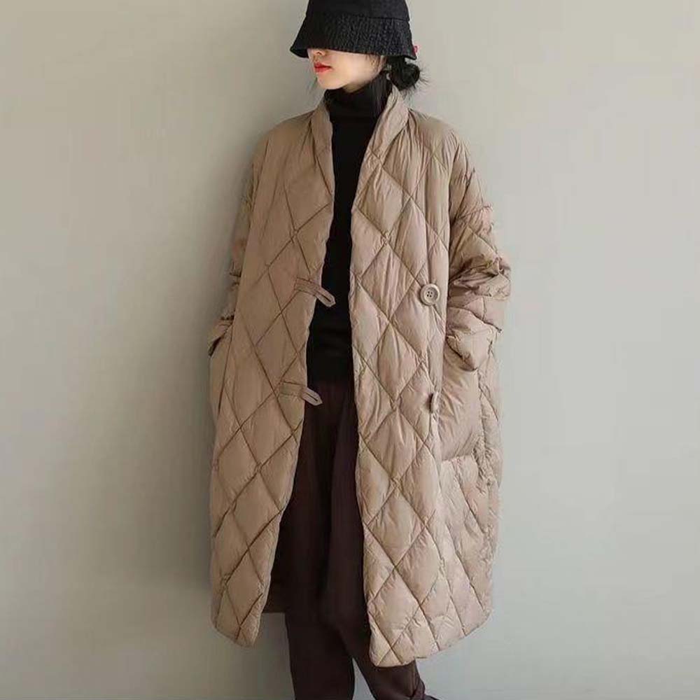 Damska, luźna, artystyczna stójka, jednokolorowa, pikowana, cienka, ciepła kurtka puchowa o średniej długości