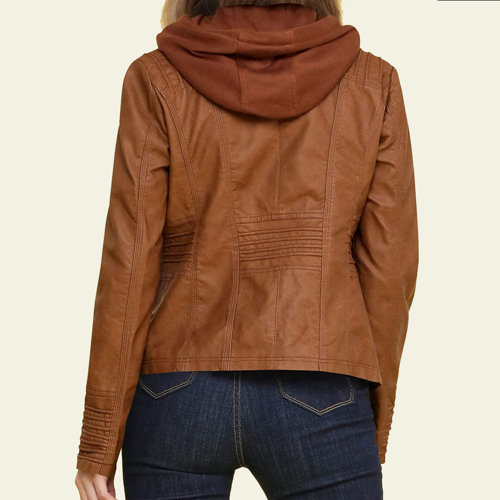 Lodowylabedz Modna damska odpinana dwuczęściowa skórzana kurtka z kapturem