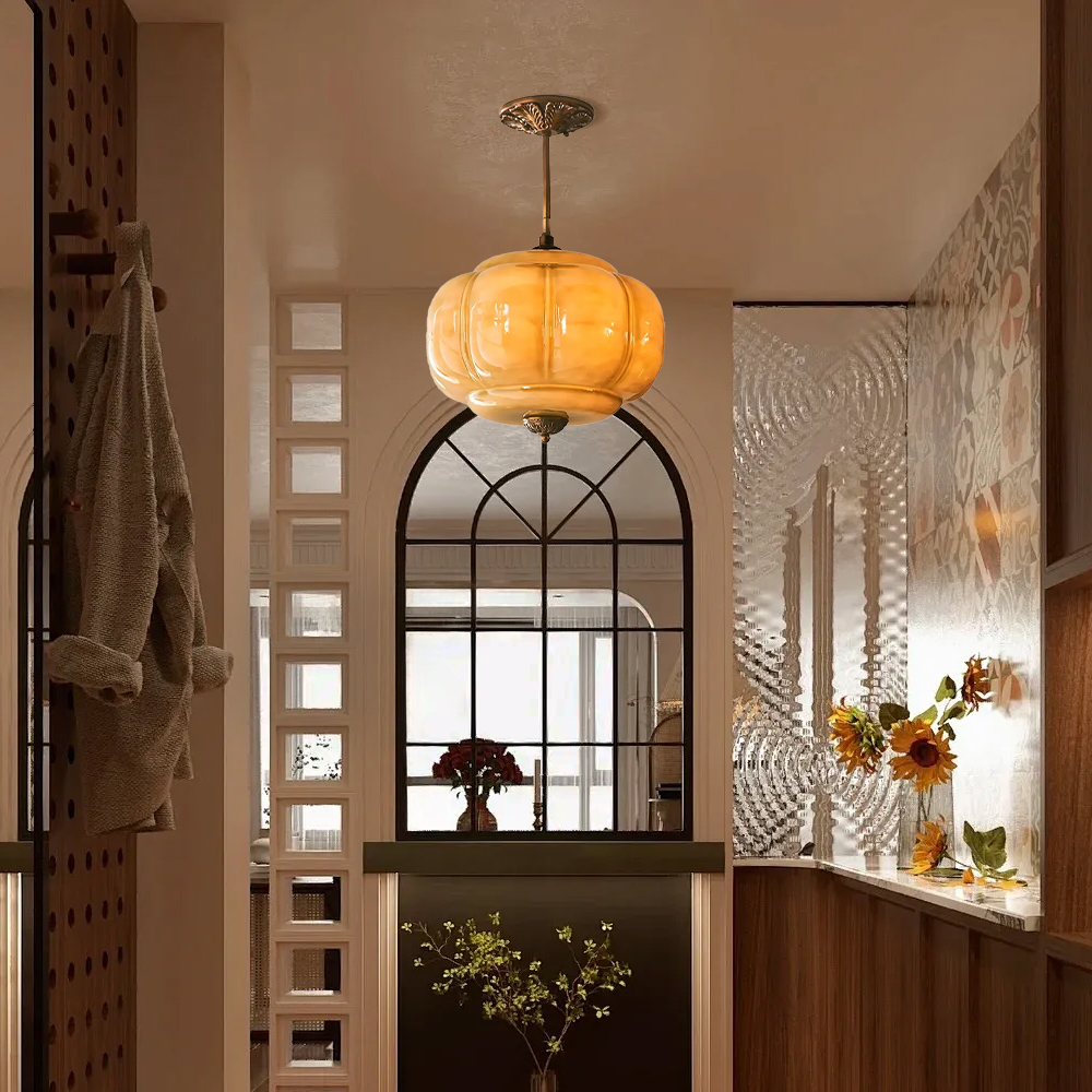 Medieval Vintage Entrance Flush Mount Lamp Simple Pumpkin Glass Pendant Light