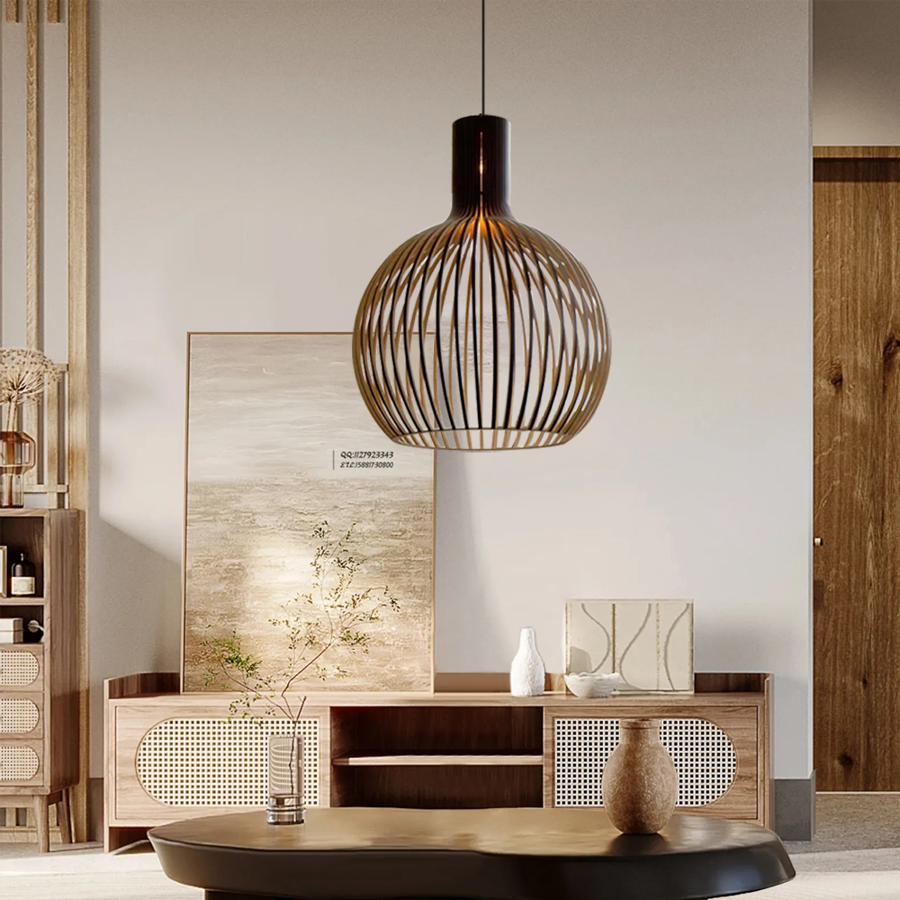 Japanese Wooden Hanging Light Fixtures Handmade Restaurant Birdcage Chandelier