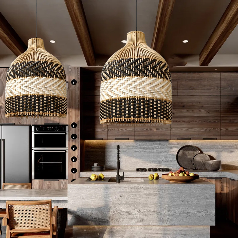 Popular Kitchen Island Decor Pendant Lamp Black White Rattan Lampshade