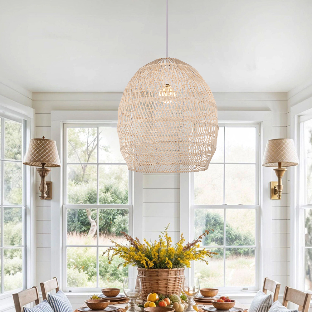 Boho Woven Rattan Chandelier Nordic Dining Room Basket Lamp Shade