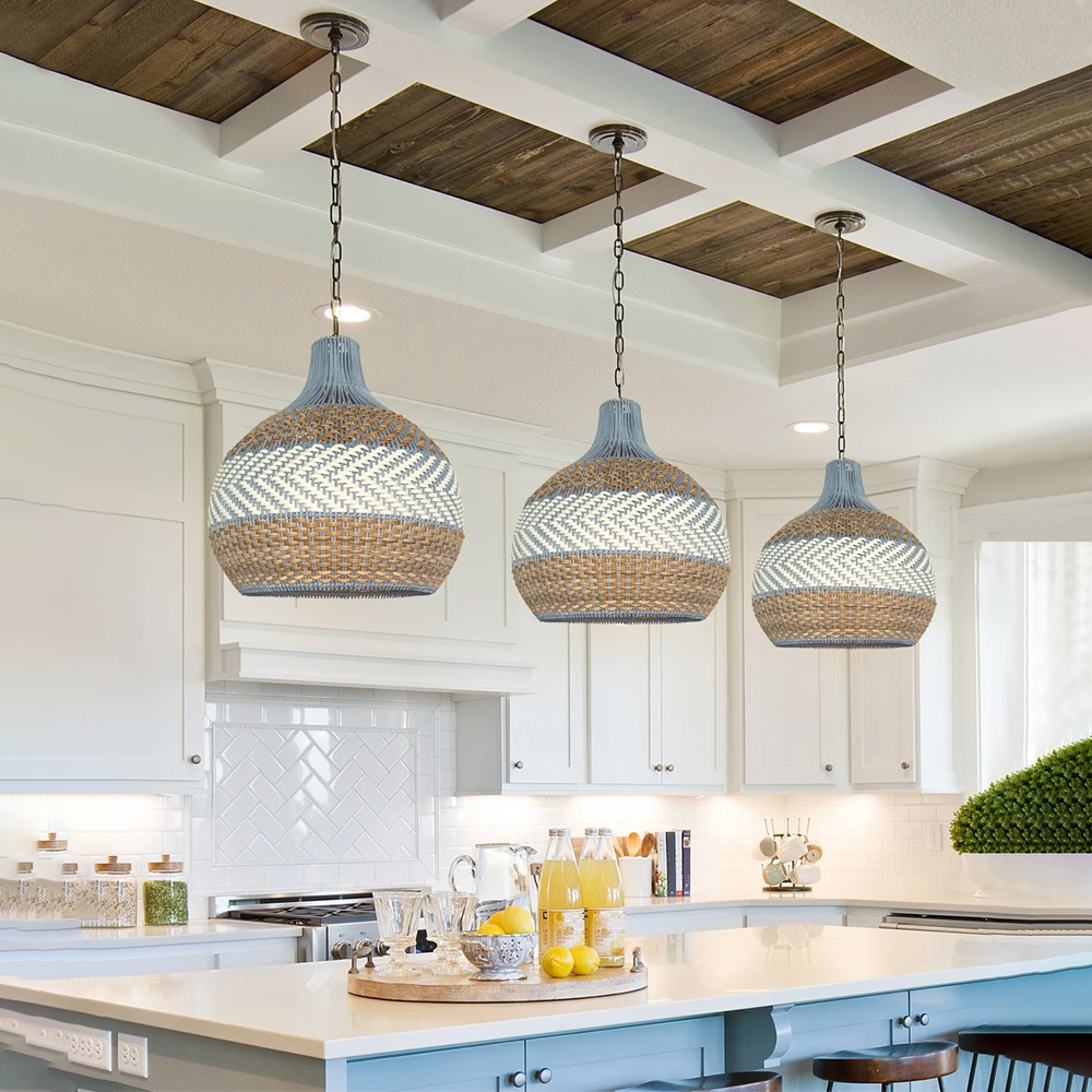 Courtland Blue Rattan Pendant Light for Kitchen Dining Room