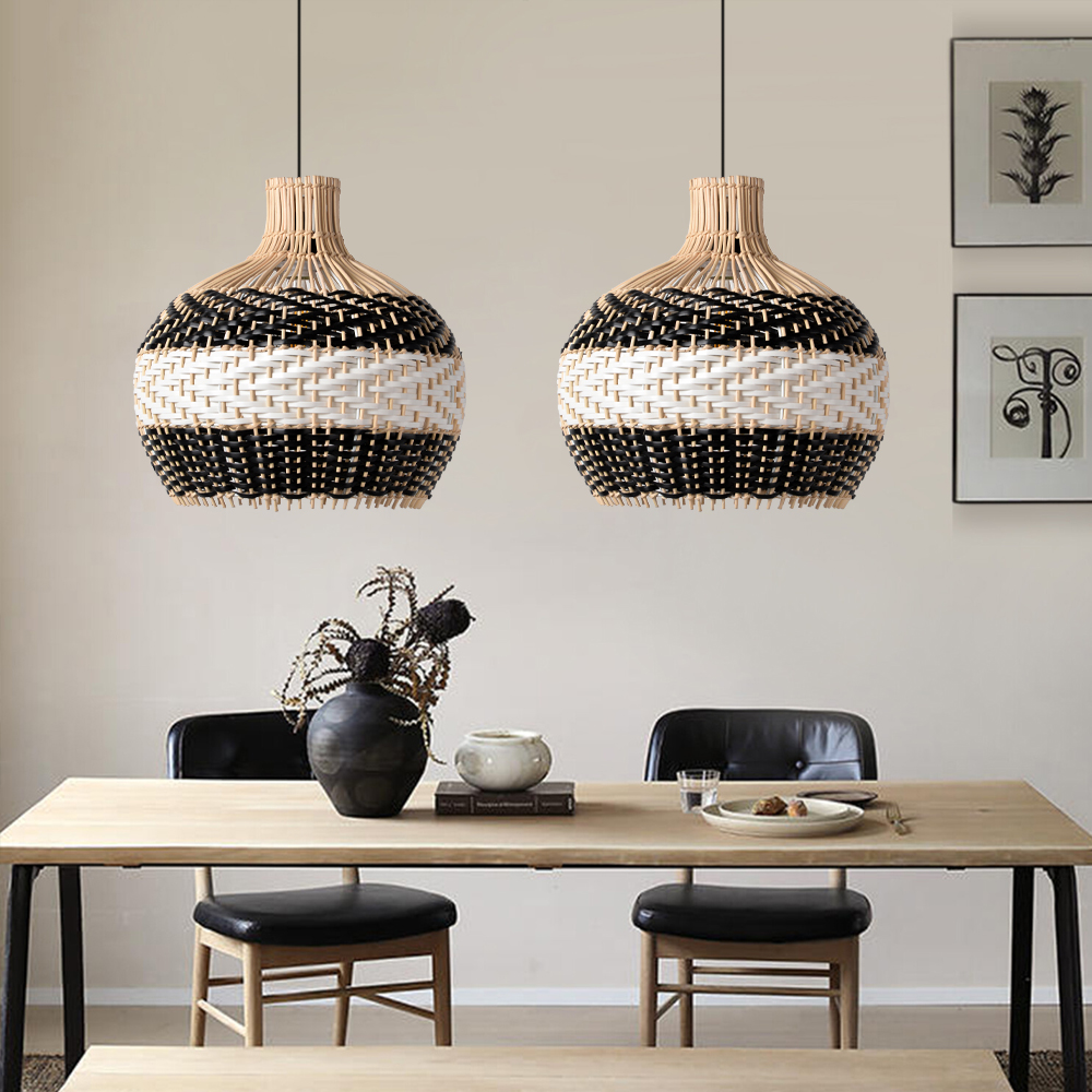 Drum-shaped Black and White Rattan Chandelier for Dining Room Kitchen Room