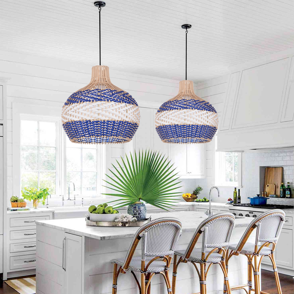 Boho Farmhouse Royal Blue Rattan Hanging Light  for Dining Room