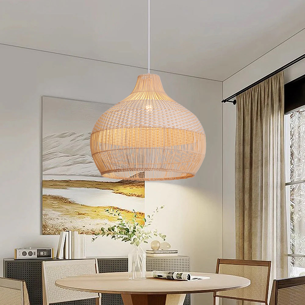 Rustic Rattan Pendant Light White Hanging Chandelier for Dining Room