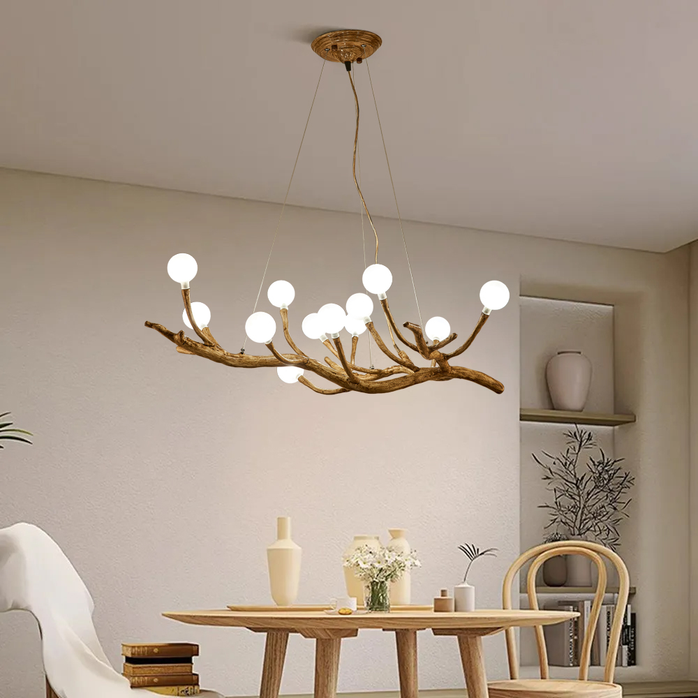 Tree Branch Wooden Chandelier Glass Bubble Pendant Lights for Living Room